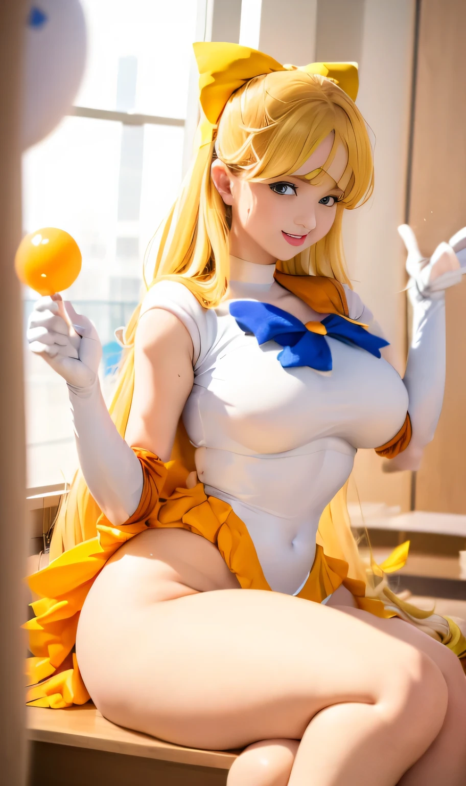 Samus aran, blue eyes, stunning proportions, white background, long hair, ponytail, detailed, full body shot, pink lipstick, in love with the viewer, orange and gold dress, from below, ((frilly)), puffy, thighhighs, high heels, fancy ball dress, bows, gems, upskirt, gold accents