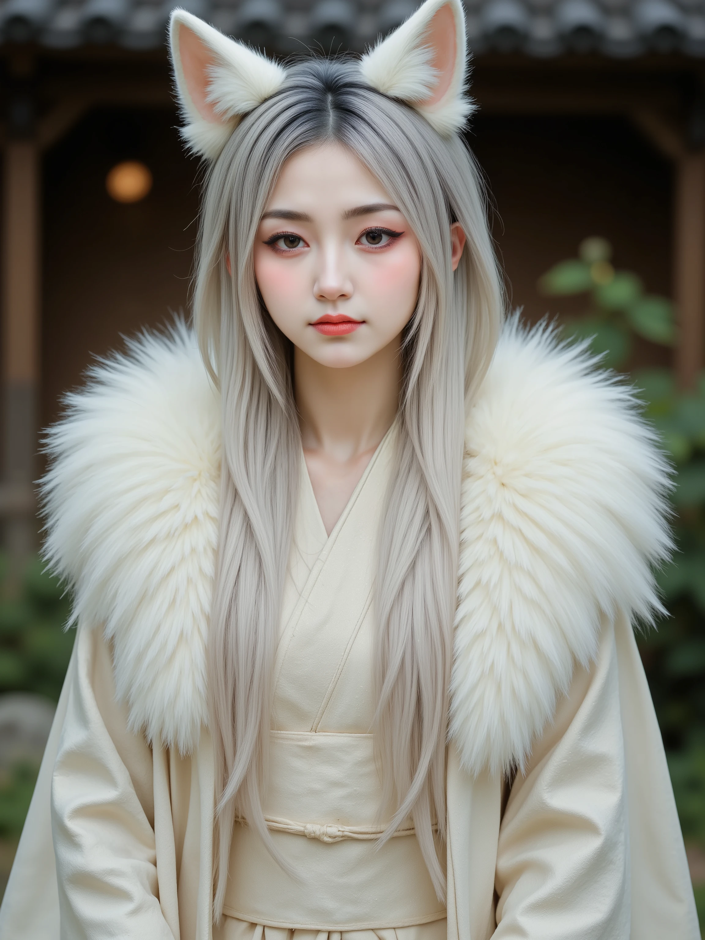 Beautiful fairy fox woman smiling in front of a traditional Japanese wooden house, wears a white kimono with long gray hair, big white fox ears, 9 fox tails,