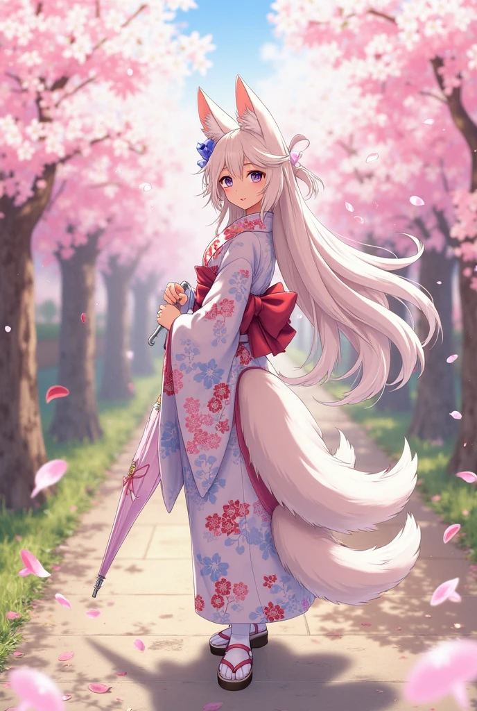 Best quality, hyper-high detail, very high res, Extremely detailed CG, Realism，absurd res，fox ear，Huge colorful fox tail， D cup  8K,Colorful, A 20-year-old nine-tailed fox girl,japanaese girl，Light turtleneck shirt，Detailed clothing patterns，tiese，(full body:1.3),Solo,chubby  body shape,(long leges:1.3)， Faraway view，high-heels，(Blue eyes), (white  hair to shoulders), Extremely long white diamond hair floating, blueribbon, Beautiful eyes,(Pink clothes:1.3),Wet clothes, Short pink skirt, detailed and beatiful face and eyes, ((Shiny skin)),white wavy hair, (detailed and beautiful shiny clothes, Temple，holy rays，japan temple，the cherry trees，Cherry blossoms flying，(dynamicposes:1.3)，low perspective，