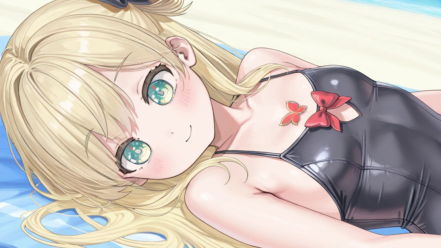 beautiful cute girl,(blonde hair:1.2),,(Lightgreen eyes:1.2),(Flower summer clothes:1.2),((lace:1.2)),(首を傾げる:1.3), (lie on back:1.15),(open your mouth:1.1),smile,close-up Face