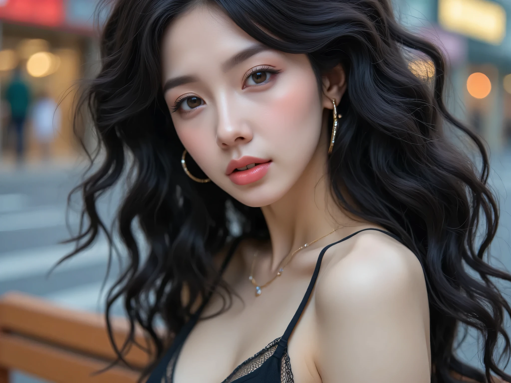 (detailed figure and face, best detail quality: 1.2), beautiful Korean female model, bench, detailed shadows, sexy dynamic angle, ((masterpiece, high quality, best quality, 8k, wallpaper, fine lineart, highly detailed, absurdres)), 1girl, korean popstar, thighhighs, miniskirt, high heels, mesh top, long black hair, pretty hands, cameltoe, curly hair,