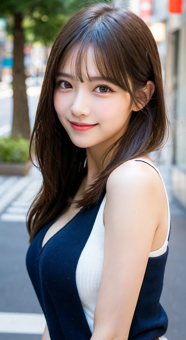 ((best quality)), ((masterpiece)), (detailed), perfect face japan In this image, a young woman with long, wavy brown hair is smiling at the camera. She is wearing a low-cut brown top that reveals a significant amount of cleavage. The background shows a partially outdoor setting with some greenery and a blue cup on a table. The image seems to be a screenshot from an Instagram story, as indicated by the overlay text and icons.