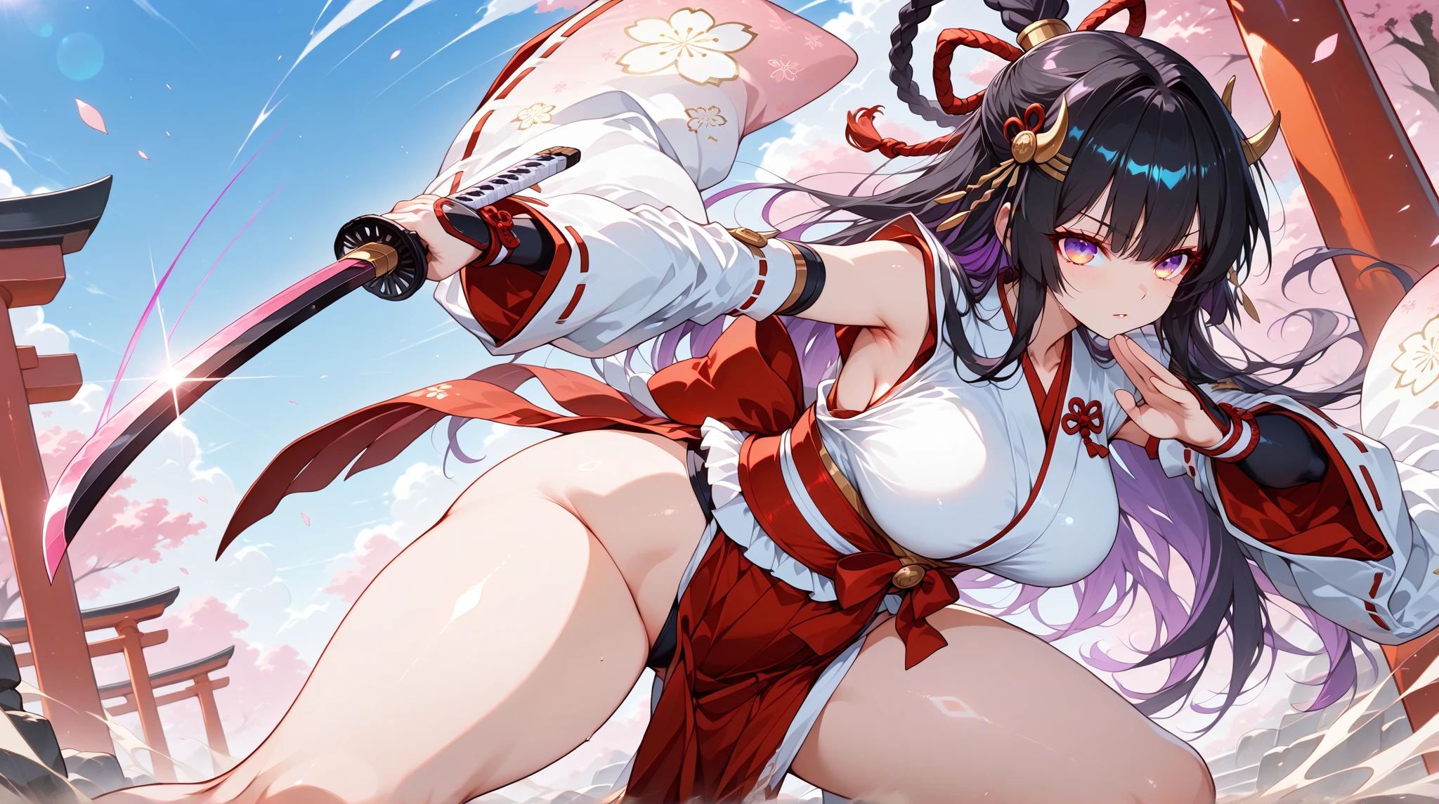 (Japanese women)、(Warrior Princess)、(Goddess of War)、(Black Hair)、(ponytail)、(Old Japanese Armor)、((Holding the Japan sword))、(True to prompts)、(Deluxe)、(Glaring with sharp eyes)、(Unrealistic, Extra-large Breasts),(battlefield)、(grassland)、((A large number of soldiers))、(sunny)、(blue sky)、(Best lighting)、{{{Browsing Caution}}}、{{{masterpiece}}}, {{{Highest quality}}}, {{ultra-detailed}}, {{shape}}, {{{Very delicate and beautiful}}},{{extremely detailed CG}}、{{unity 8k portrait}}、{{Fabric Shading}}、{{super detailed skin}}、{{Perfect Anatomy}}、{{detailed}}、{{Dynamic Lighting}}、{{{beautiful detailed eyes}}}、{{{beautiful detailed Face}}}、(Perfect Legs)、(Perfect breasts)、(Perfect pose)、(Perfect body)