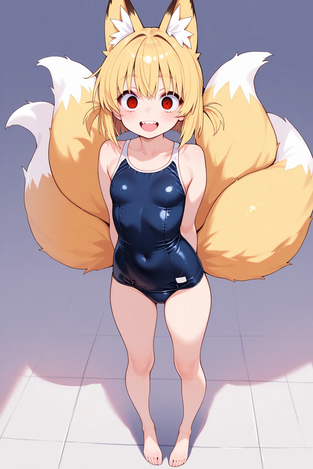 (best quality,highres,masterpiece:1.2),ultra-detailed,1 girl,harmonious finger proportions,shiny skin, (sleepy:1.2), little girl,arms up,armpits,sweat,steam,arms behind head,squatting,thick thigh,covered nipples, (swimwear:1.3),fox_ears, animal_ears, blonde_hair, bangs, fox_girl, green_eyes, hairband, animal_ear_fluff, fox_tail, tail, blue_hairband, multicolored_hair, multiple_tails, white_hair, braid, hair_rings, smile, infection_monitor_\(arknights\), kitsune, upper_body, blush, hair_between_eyes