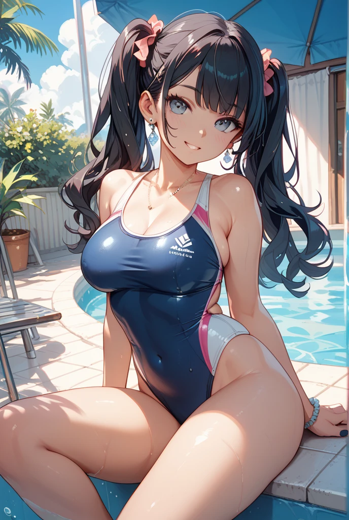 highest quality,wonderful,finely,extremely detailed CG Unity 8K wallpaper, (1 girl, black hair, double bun, clothed),(huge breasts:1.1),(slingshot swimsuit:1.3), (zettai ryouiki:1.4)