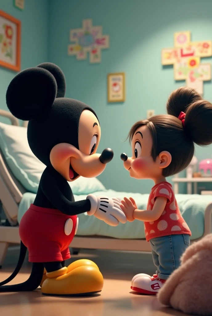 Child playing with Mickey and imagining him as her size