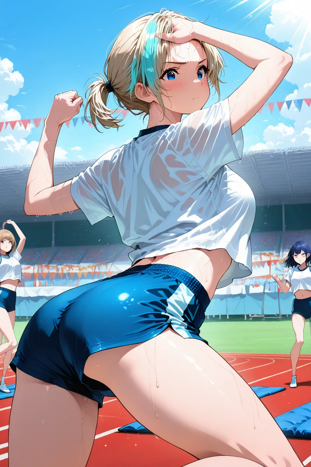 Highest quality,1990s anime style illustration,barefoot,Multiple Girls,Girls in gym clothes、Stand in line、Running in the schoolyard,All the girls are barefoot,The girls were sweating、I&#39;ll run for my life,White T-shirt and blue shorts,Several girls run side by side,Multiple Girlsたちを、Line up in a straight line、Let it run,running,The girls are out of breath、It&#39;s a tired look,