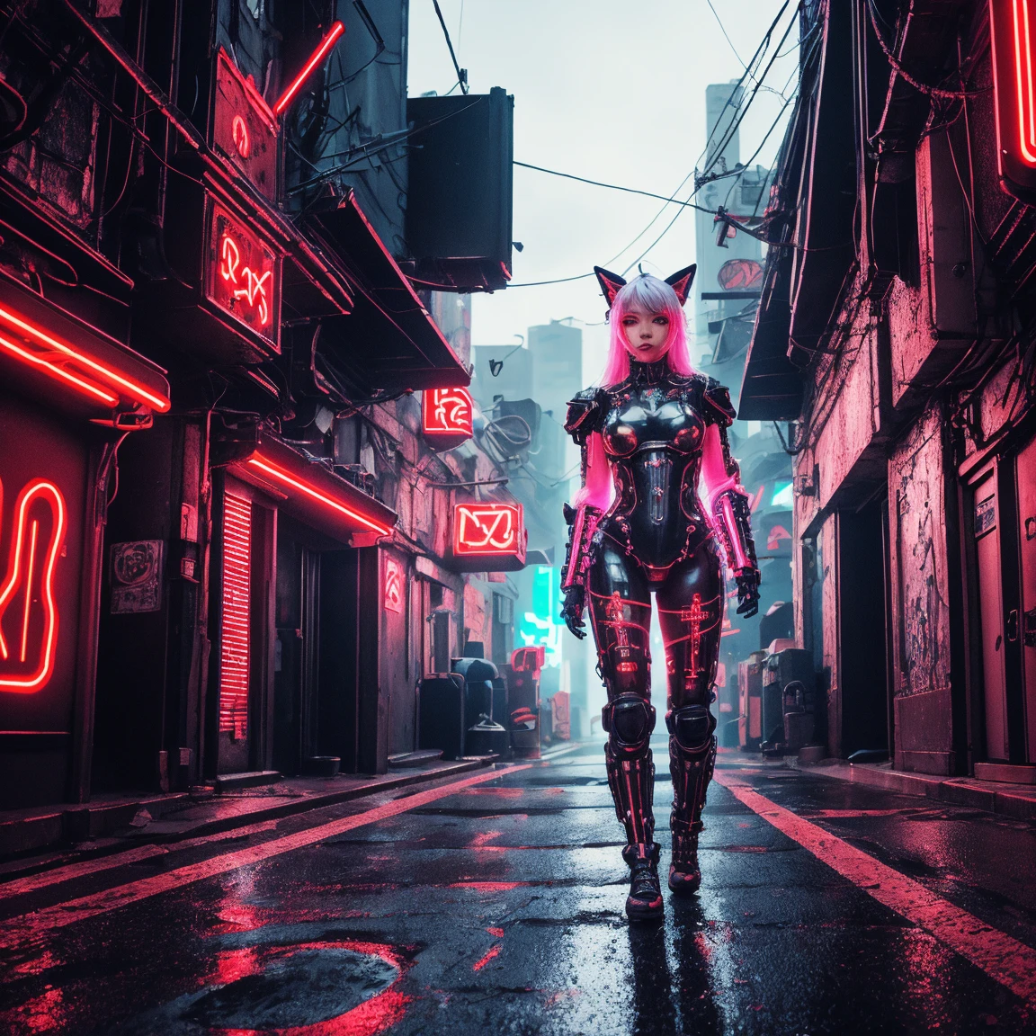 Year 2385 - A futuristic Barbarian Girl With Bikini Armor and glowing eyes on a horse, Rides through City. Style Neon Punk.