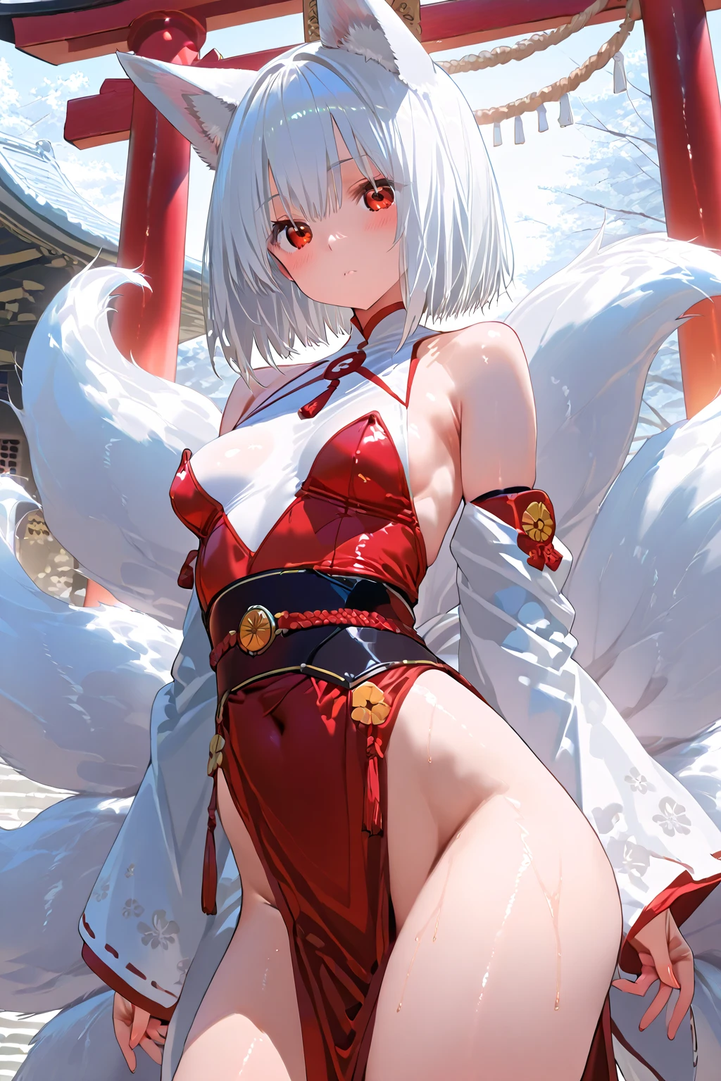 ((Top quality)), ((masterpiece)), (details), High resolution, super detailed, very detailed CG Unity 8k wallpaper, real, photorealistic, Beautiful fine face, detailed face. Pale skin, realistic shining skin. Detailed fabric texture, detailed hair texture. (Eyes with attention to beautiful details: 1.5), (Small hand), ((perfect hand)). ((Perfect Anatomy)). Perfect lighting. BREAK (Silver hair:1.3), Bob cut, ((Big Laugh: (Slender: 1.1), (Small chest: 1.2), (Small buttocks: 1.2), (muscular: 1.2), (Pluffy thighs: 1.1), (Miko costume),(Nine-tailed fox), BREAK Arms up, Background field,