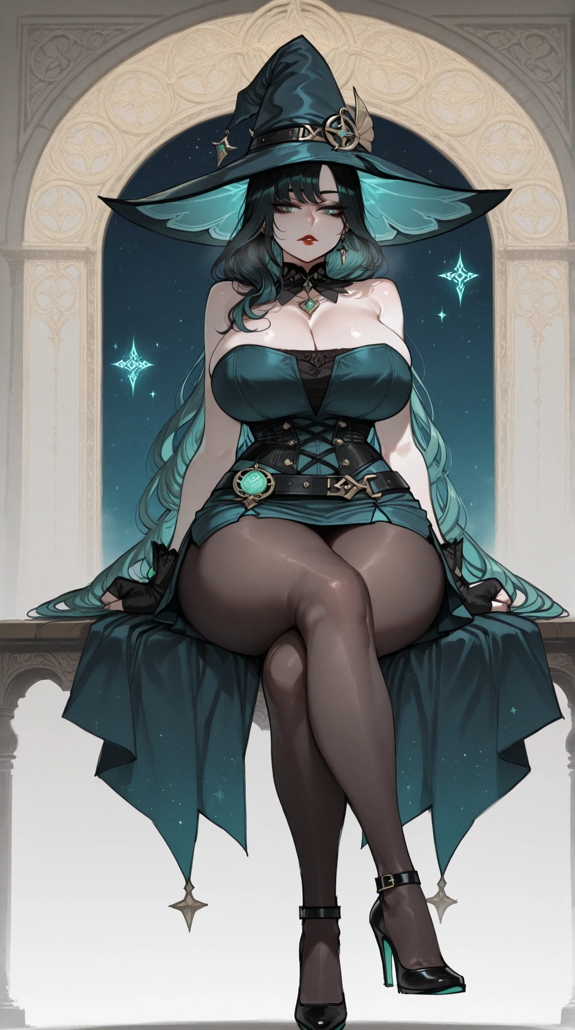 ((Need)), ((masterpiece)), (A detailed), Enchanting witch, Sexy beauty, Perched in clouds, (fantasy illustrations:1.3), Seductive gaze, captivating posture, heavy top, ,otherworldly charm, Mysterious Sky, Singular clouds, , huge Tits, big ass, thicc, Black Hair, naked, Green Eyes, , Ancient castle Chibi,cleavage, portrait building。