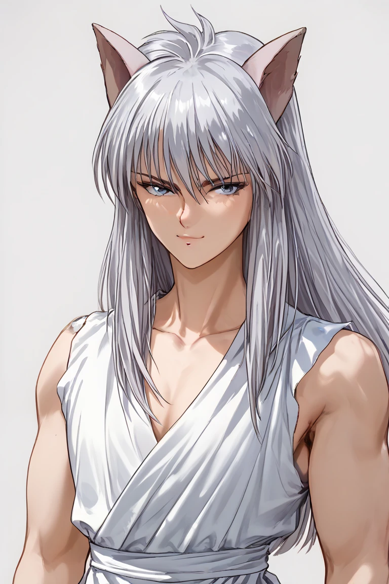 solo, anime character, masterpiece, detailed face, soft skin, best quality, ultra HD, long hair, animal ears, silver hair, topless, fit asian male, standing inside a photograph studio, ((beautiful hands)), detailed face, neutral background, gentle smile, <lora:YoukoKuramaV01:0.7>