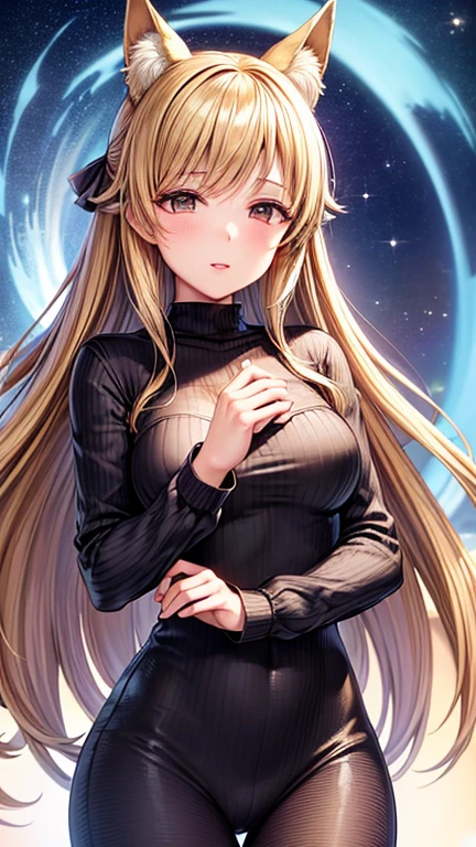 #Basics A girl is posing for a photo, (((One Girl))), (((Baby Face:1.4)) + ((cute:1.4)) + ((15 years old))), 
break 

#Clothing Accessories 
((Black sleeveless high neck knit sweater dress:1.4), (Black Pantyhose : Shiny + Sheer + Low denier), (Shiny黒ハイヒール)), 
(Gold ear cuffs), (Gold hoop earrings), (Fancy Necklace), 

break 

#Features 
((Blonde)), ((blunt bangs:1.5)), ((Chest-length sideburns:1.4)), (((Straight Long Hair) : Long Hair + Voluminous Hair + Straight hair)), 
((Droopy eyes:1.4, Big eyes:1.2), blue eyes), 
break 

#background environment 
((Love Hotel, Pink spotlight)), 
#Facial Expression Pose  
((Embarrassed expression, blush, Estrus), (Sit on the bed, (cross your legs:1.4), Place your hands behind your head, Armpits are visible)), 
#composition 
((Face the camera, (Angle from below), (Long Shot))), 
break 

#Body parts elements 
(Slim figure), 
(Detailed Hair, Beautiful Hair, Shiny Hair), 
(double eyelid, Long eyelashes), 
(Expression of fine eyes, Beautiful and delicate eyes, Sparkling eyes, Eye Reflexes, Glitter Eyeliner), 
(Human Ear), 
(Beautiful Nose, Thin Nose), 
(Shiny唇, Beautiful Lips, Thick lips), (Symmetrical facial features), 
(Detailed skin, Textured skin, Beautiful Skin, Oily skin), 
break 

#Quality Image Quality Common 
(((Highest quality)), ((masterpiece)), ((Very detailed))), ((Ultra-high resolution)), ((16K, 1080P)), ((Full HD)), 
(Anatomically correct), (Realistic), (3DCG), (Oil painting), 
((comics, anime)), (CG illustration), (RAW Photos), 

