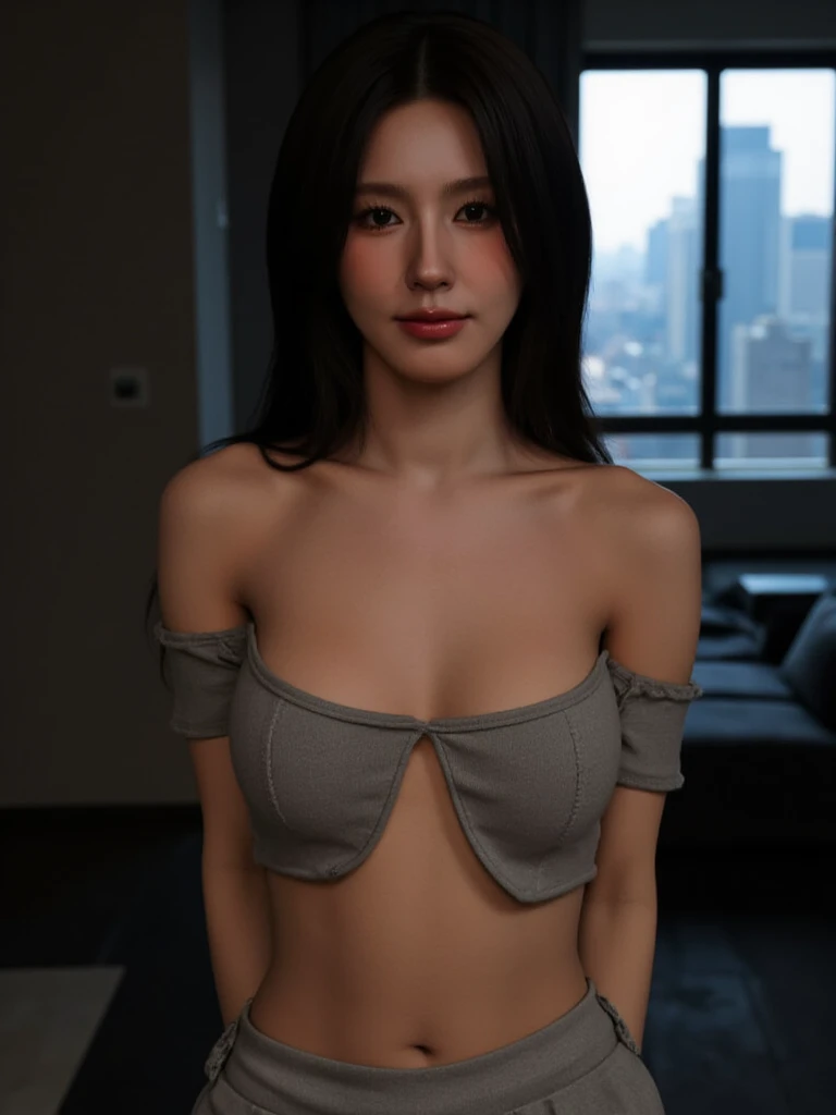 Young girl, very thin with zero breast size, in a tight short black dress, with loose voluminous hair, against the backdrop of a beautiful hotel, redhead, modestly lowered her eyes and looked down. Slavic appearance 