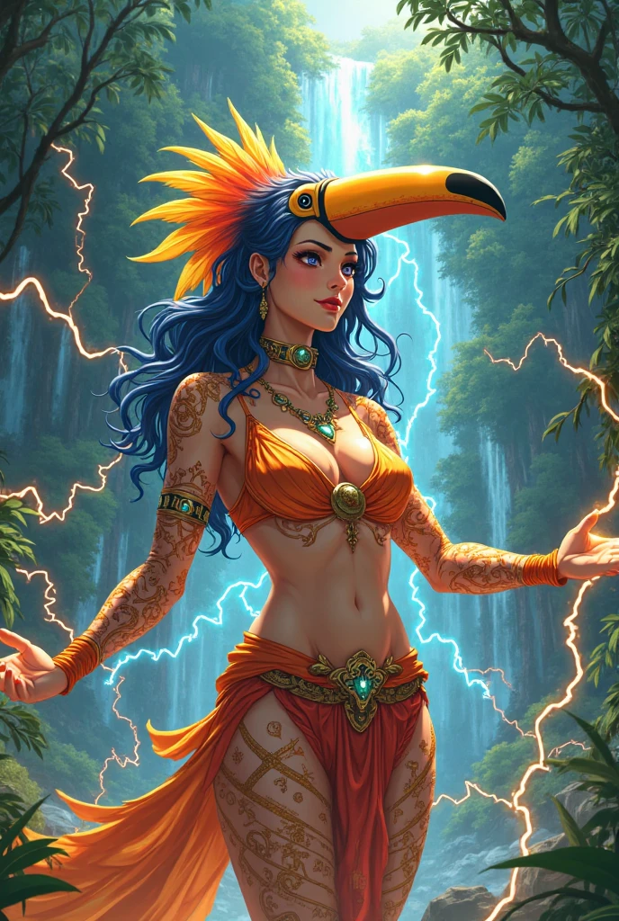 A lovely woman is part tropical bird, she has an amazing sexy figure, lovey detailed face with sharp features, over large eyes, patches of bright feathers. She is working as an alchemist (SFW) Show her entire body, set in an alchemy lab