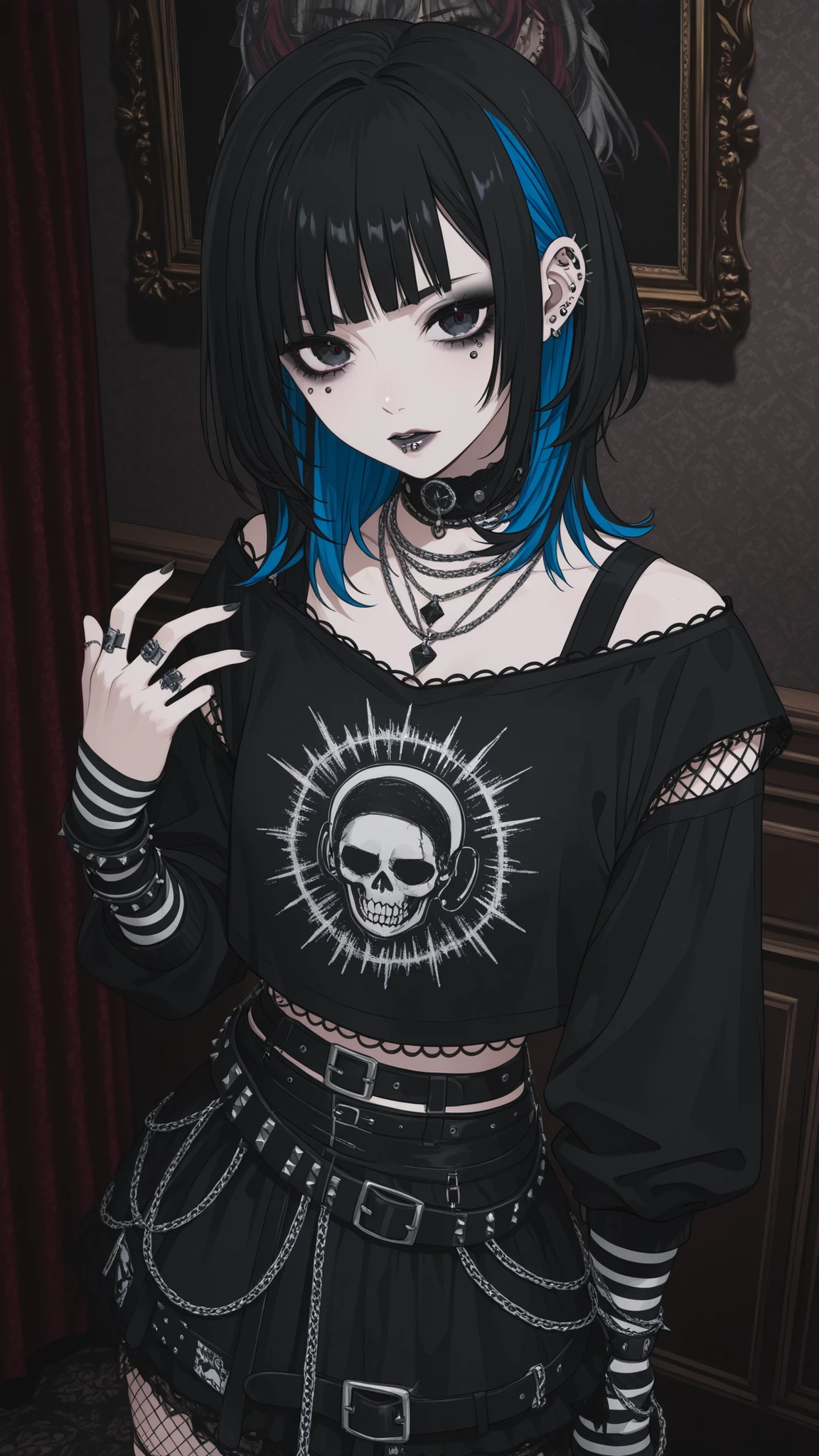 Anime goth girl with purple hair, silver eyes, brown skin and a black shirt with skulls on it and black ripped jeans and black spikedleather boots (full body)