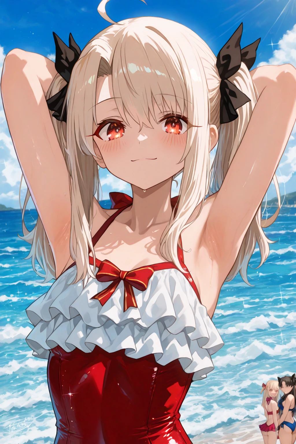 1girl, best quality, ecute, standing, red eyes, tiara, rose, hair flower, bikini, long blonde hair, sunglasses, fangs, smile, highly detailed, beach, palm tree, ocean, sun, sky, clouds