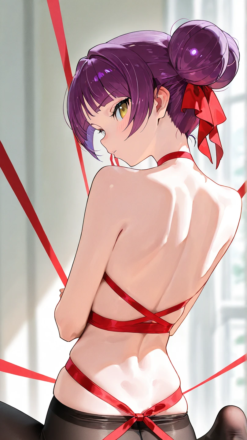 1girl, full body, teenager, solo, (short pixie cut Hair, undercut red hair: 1.28), ((light gray eyes)), some small freckles, (large dark fox ears: 1.35), pale skin, large breasts, cleavage, (thin hips, thin waist , athletic body: 1.25), background, looking away, revealing clothes, (wearing bra & panties: 1.5), (shibari, arms bound behind back:1.7), (straddling a bed post: 1.6), 4k textures, soft light, elegant, highly detailed, sharp focus, soothing tones,