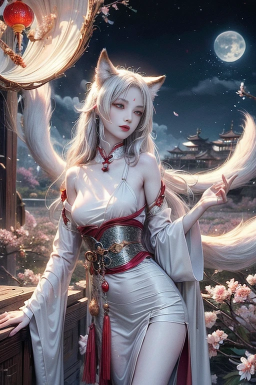 Beautiful Goddess（1 person）、White Fox Incarnation、It has nine tails、Beautiful woman、kimono、Trained muscles、Big Breasts、Gray Hair、Muscular body、Japanese Shrines、Cherry Blossoms at Night、full moon、8k、Realistic