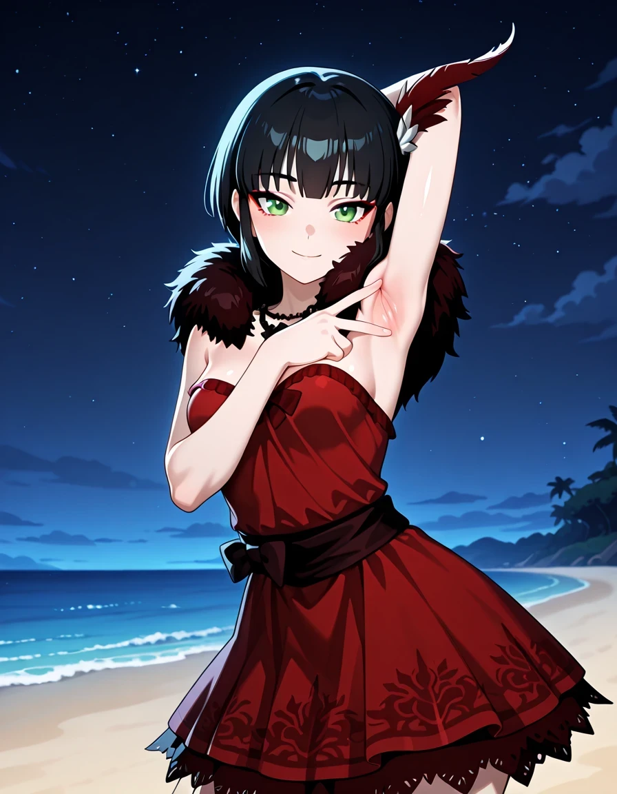 Milrwby, short hair, black hair, green eyes, feather hair ornament, necklace, red dress, black boa, anime screencap, shiny skin, high quality, solo, upper body, (contrapposto), <lora:spread-armpit-illustriousxl-lora-nochekaiser:1>, spread armpit, armpits, armpit focus, v, closed mouth, night sky, beach, looking at viewer, smile, best quality
