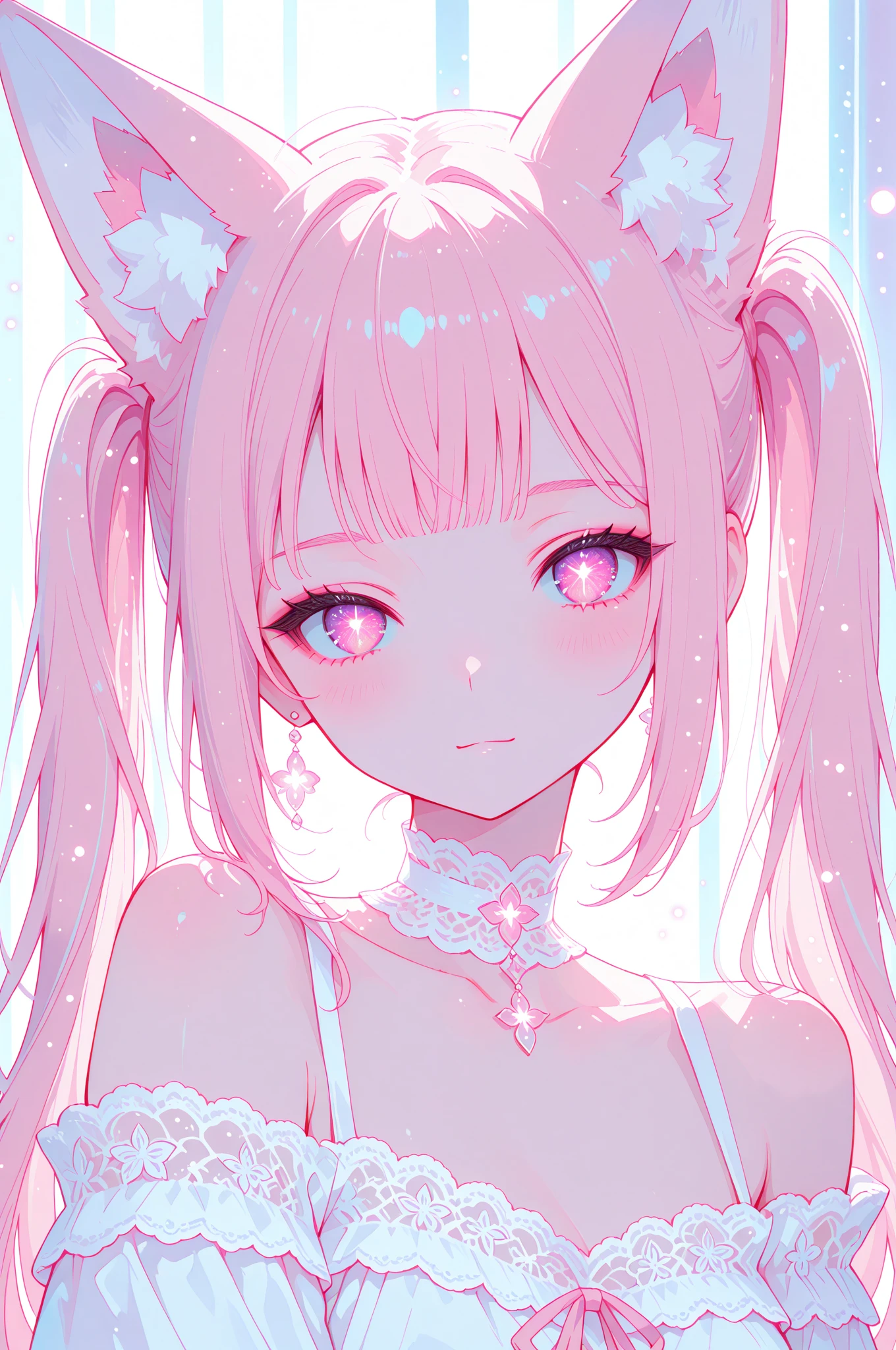 mili2, cute fox spirit girl, upper body portrait, anime illustration style, soft pastel tones, light color palette, gentle atmosphere, smooth skin, delicate facial features, white and soft pink hair, twin ponytails with short bangs, fox ears, off-shoulder outfit, thin lace choker, fluffy and textured clothing, small chest, bright but natural-looking eyes, subtle glowing particles, simple blurred background, soft lighting, clean lineart, high quality, ultra-detailed, elegant and dreamy feeling, masterpiece