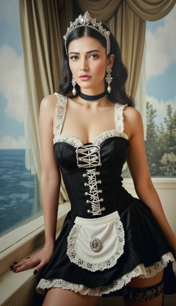 masterpiece,Best quality,absurdity,Ideal Anatomy,Dizenia_Drakur,1 girl,hands on chest,maid_mf_dress,in room,bedroom,