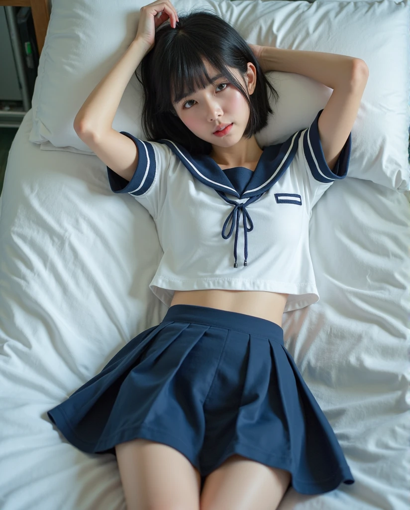 cute,teen,black hair,long hair,straight hair,with bangs,angelic smile,model,full breasts, skirt lift,on bed,summer sailor suit