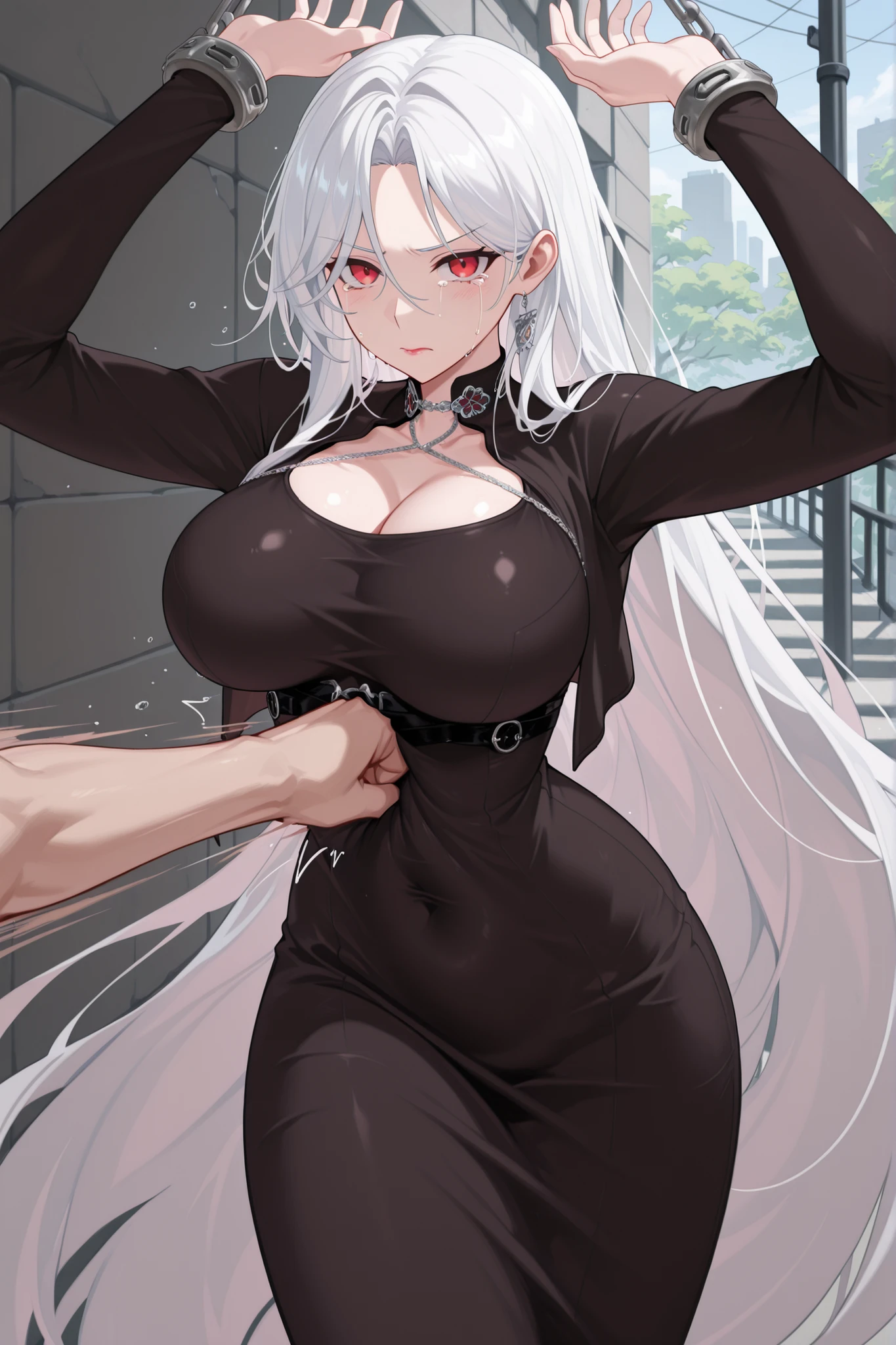 masterpiece,best quality,highres,Super detailed,very detailed,highest quality,super detailed,high quality,high-definition,extremely detailed, absurdres,perfect lighting,outdoors,hanging all hands over head,hanging two hands over head,chain restrict her wrist,straight body,Straight body,Straight Body,straight belly,Straight belly,Straight Belly,sexy,sexy belly line,Sexy belly line,Sexy Belly Line,(((((bellypunching,Bellypunching,Belly punching,Belly Punching,belly punching:1.2))))),
*//*,pectre_neo,1girl,solo,white hair,long hair,very long hair,red eyes,large breasts,cleavage,score_9,score_8_up,score_7_up,score_6_up,dongtan dress,Dongtan dress,Dongtan Dress,black dongtan dress,Black dongtan dress,Black Dongtan Dress,taut clothes,impossible clothes,no sunglasses,lipstick,off shoulder,
*//*,looking at viewer,small tears