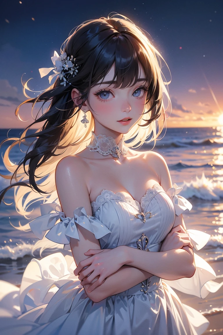 (Highest quality、Highest quality、Masterpiece、Very delicate、Very detailed、Exquisite、16K、Full HD)、1 female、(White dress、Frill mini skirt dress、Floral decoration、Skirt in the wind、White frills)、Perfect body line、Glowing Skin、(Groomed eyebrows、Pink Lips、Black Eyeysterious Face、Mole under left eye)、(Black Hair、Twin tails、Shiny Hair)、prayer、Dramatic lighting、Fantasy、(star、milky way、water、star空、Ocean)