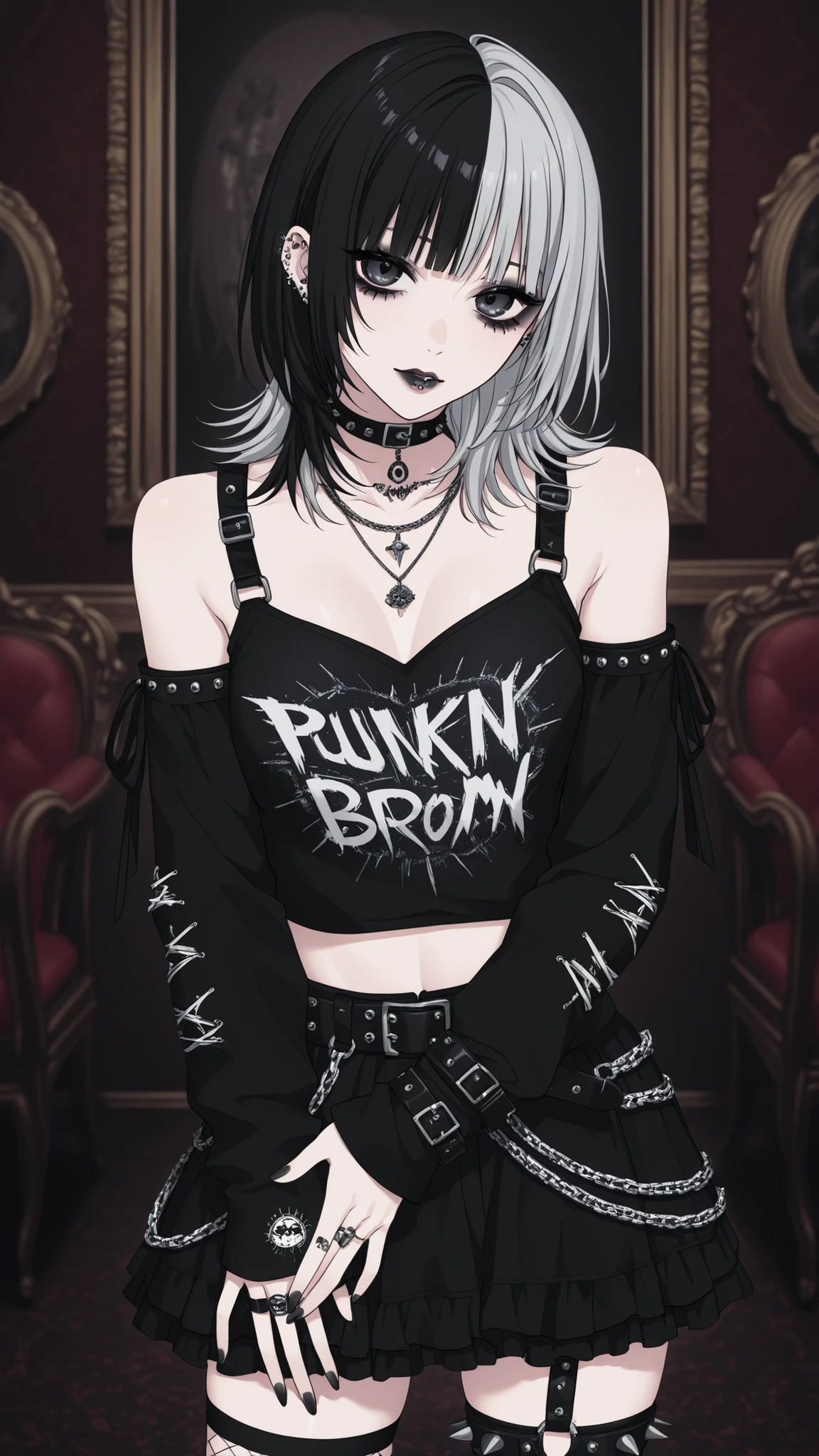 masterpiece, best quality, close up, upper body, 1girl, smug, smile, long black hair, navel, bare shoulders, detached sleeves, choker, black shirt, (print on shirt:1.3), (black metal print:1.3), red plaid skirt, rings, chains, thigh strap, black thigh highs