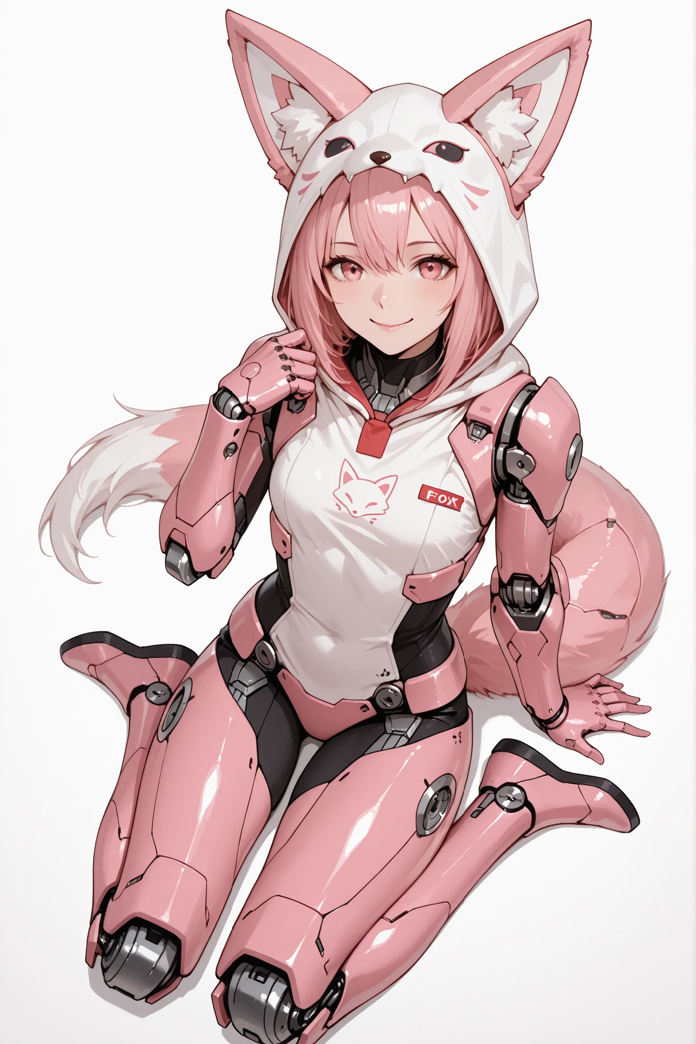 handfixer, 1girl, fox cosplay, fox mechanical tail, slim body, pink mechanical arm, pink mechanical leg, hand up, sitting, wariza, smile, pocket on belly, full body shot, looking at viewer, white background, from above
