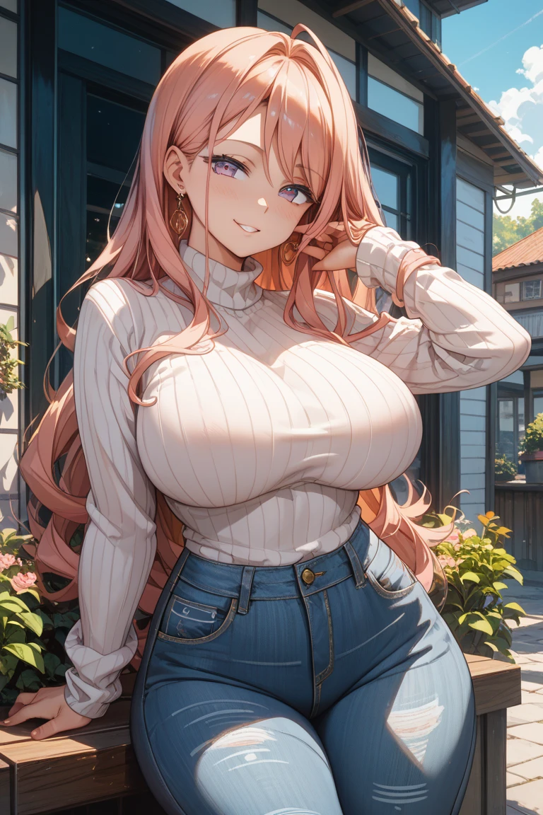 masterpiece, best quality, eyeliner, eyeshadow, looking at viewer, curvy, (full body shot) of (dollienobodysd15:0.8) wearing (party clothing:1.2), 1girl, solo, long hair, soft breasts, smirk, sleeveless, bangs, blush, clothing cutout, long hair, shiny skin, outdoors seat in the square, cloudy sky, upper body, ultra-detailed, illustration,