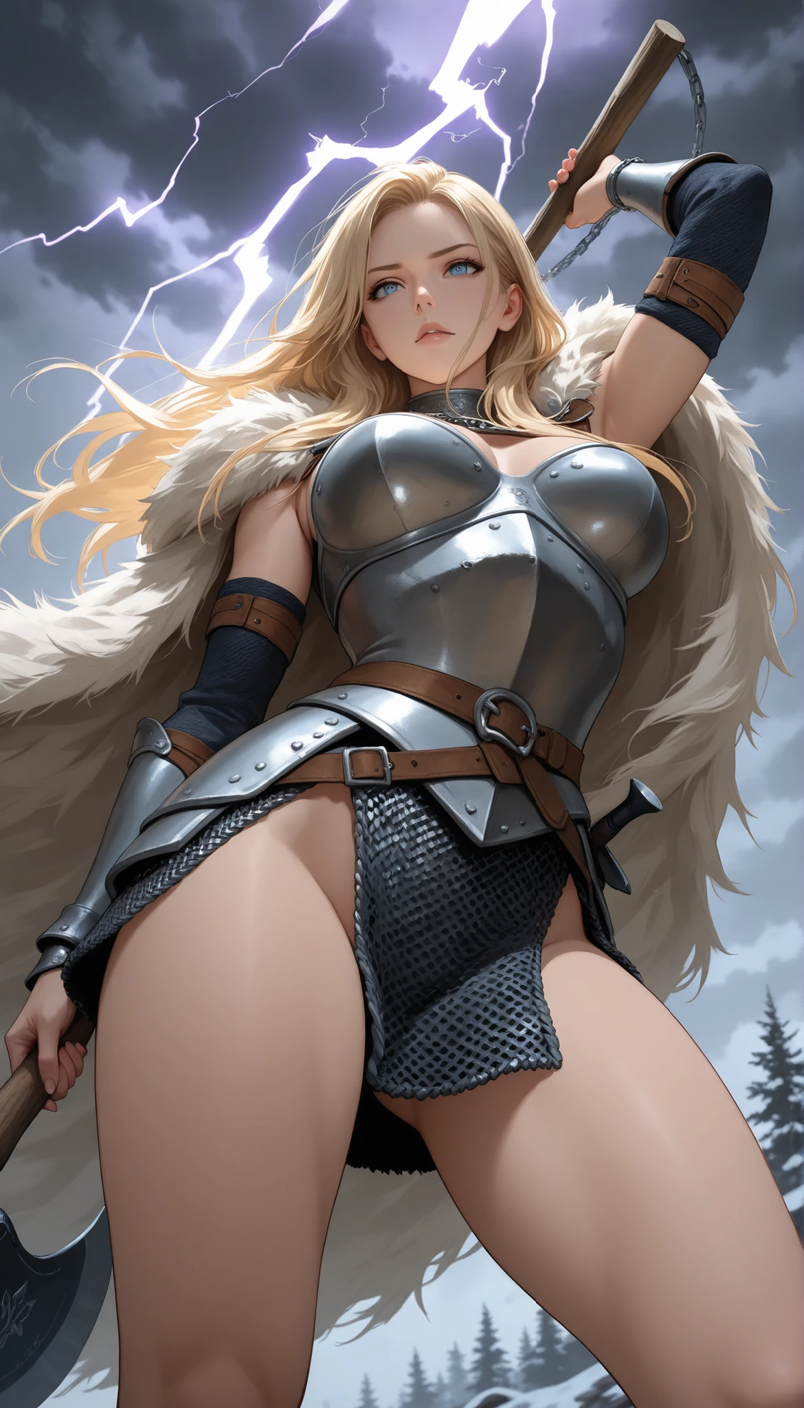 1girl, berserker, fur, viking, warrior ,muscular ,thighs, shoulder armor, gauntlet,abs, extremely detailed,looking at viewer,dark skin(masterpiece, best quality:1.2)<lora:adventurers_v1:1>, (stockings, without panties, pussy, cum:1.4)
