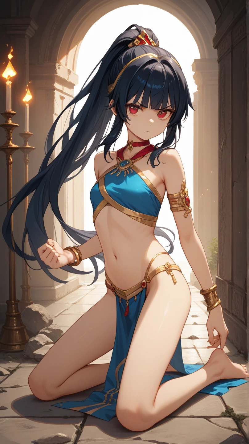 masterpiece, goblinriding, a goblin is riding a girl, (all fours), 1girl, (magical girl:1.1), (nose hook), reins, collar, chain, rope, (anklet, chained ankles, bracelet, chained wrists, shackled hands:1.1), Saphir Maasa, blue hair, long hair, blue eyes, small beast, blunt bangs, horns, blank eyes, empty eyes, obey, mind control, expressionless, emotionless