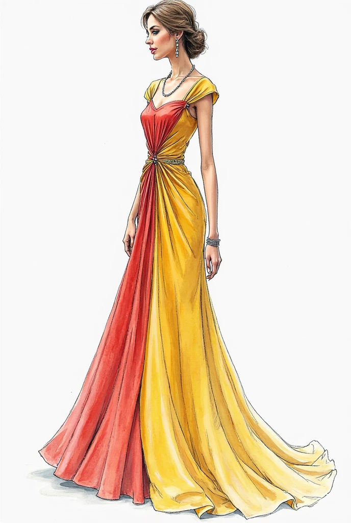 An artistic dress with fabric wrapped around it. I like the ancient Roman feel of the fabric. It's more horizontal so it looks like it's just wrapped around.、But somehow it feels artistic.!Sketch style please!
I want it to be a little more gorgeous and voluminous.!very good!And then a bit more artistic!
You don't need a round one、Add a little more glamour with fabric