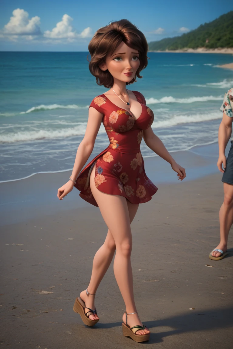 VD, 1girl, solo, upper body, portrait, wavy hair, brown hair, blue eyes, big breasts, red lips, frill swimsuit, smile, (((hand behind head))), (hand on waist), beach, sunny, perfect quality, good quality, masterpiece, HDR, UHD <lora:VeronicaDeane-000002:0.7>