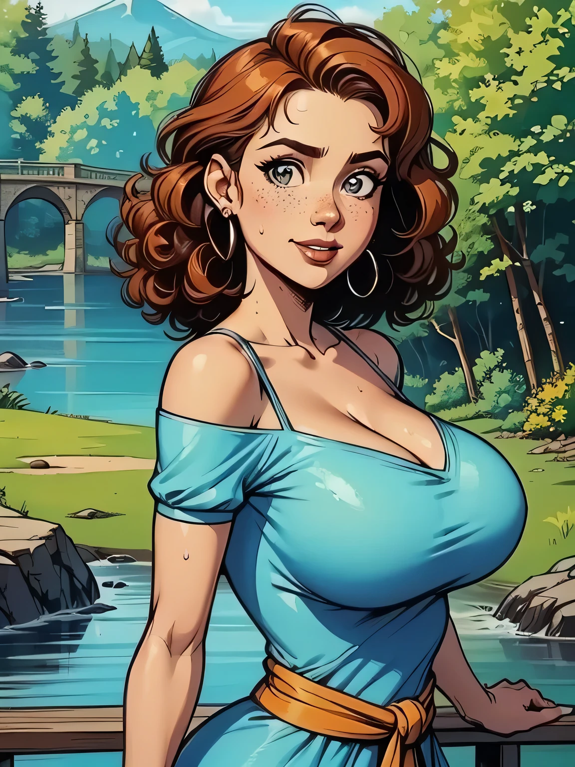 Gorgeous and sultry busty athletic (thin) brunette with sharp facial features and a (large nose) and (huge boobs) wearing a pale yellow sundress, hairband, long dress, skindentation, cleavage, park, lake, picnic