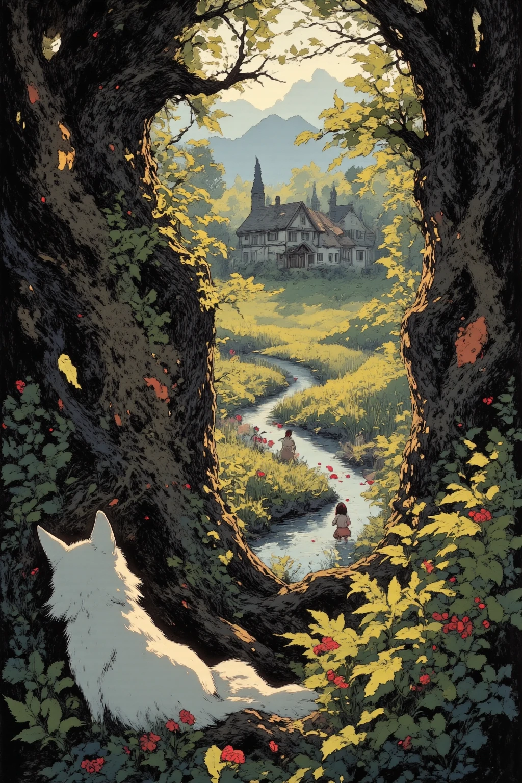 A cunning magical white fox looks out from a fox's back onto a medieval village. The villagers and Diana wash their clothes in a stream near the house. 
The view through the thick thickets of ferns and the red berries in the foreground is very blurred and obscured. The rich green colors of plants and trees. Textured tree trunks. 
The atmosphere of adventure and mystery. dawn lighting. Light penetrates through the thick crowns of trees with rays illuminating the meadow and the girl. extremely high detail. high resolution.  Dark detailed very detailed textures below, light and airy выше. highly detailed oil painting, made with oil paints. 
