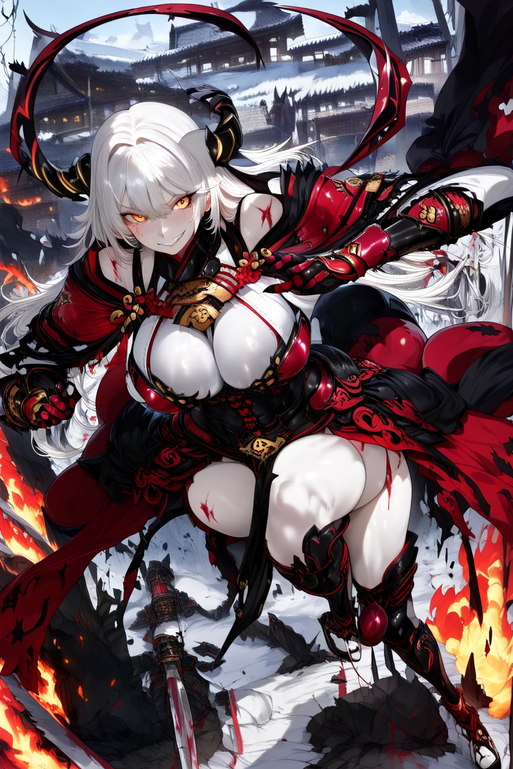 8K Best quality Best work Red long ponytail Red fox ears Nine fox tails Very large breasts Flaming Japanese sword Red jacket Long hakama Red eyeshadow on lower eyelids Red burning background Japanese style Samurai Flame hell Five fingers