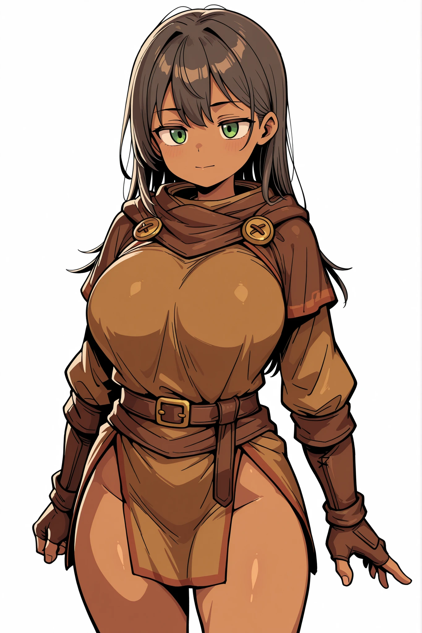 young small short girl, solo, large breasts, long hair, standing, brown adventurer outfit, white background, confident, lonarpg style