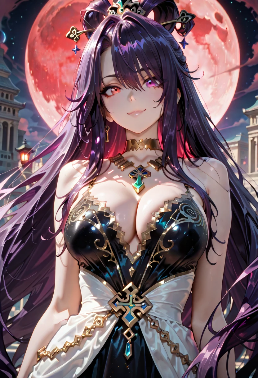 1 girl, red-purple hair, very long hair, violet eyes, beautiful eyes, big eyes, big lips, glossy lips, very curvy body, big breasts, long legs, big butt, wide hips, thick thights, defined image, seductive gaze, full moon night, big full moon, moon goddess, nighttime, fancy nightdress, goddess dress, powerful moon goddess, legendary moon goddess, greatest moon goddess