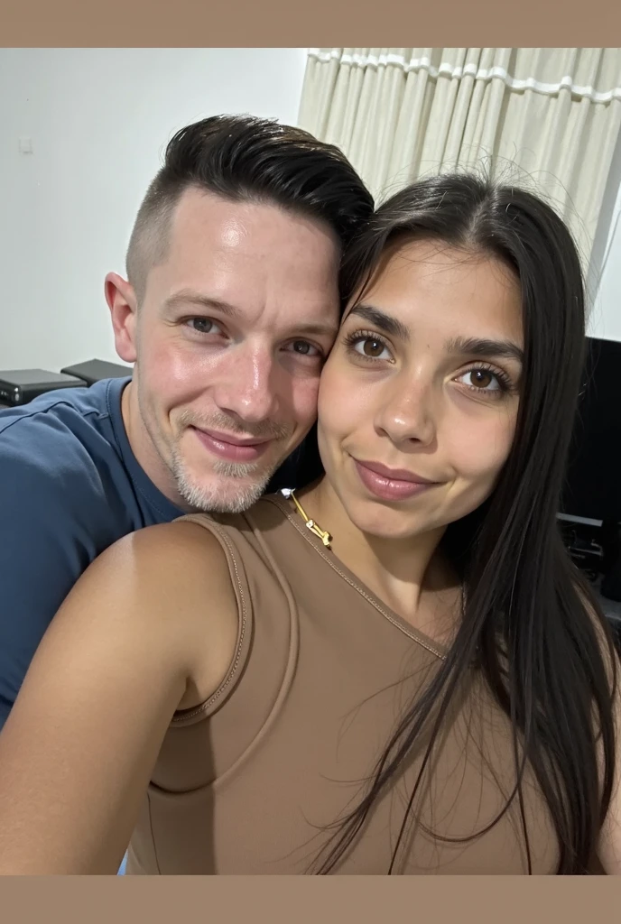 there is a man and woman that are sitting in a bed, couple on bed, 3 5 year brazilian mother, posing together in bra, posing in bed, relaxing and smiling at camera, profile image, sitting in bedroom, in sao paulo, at the hospital in patient gown, selfie photo, 30 years old woman, 3 0 years old woman, vacation photo