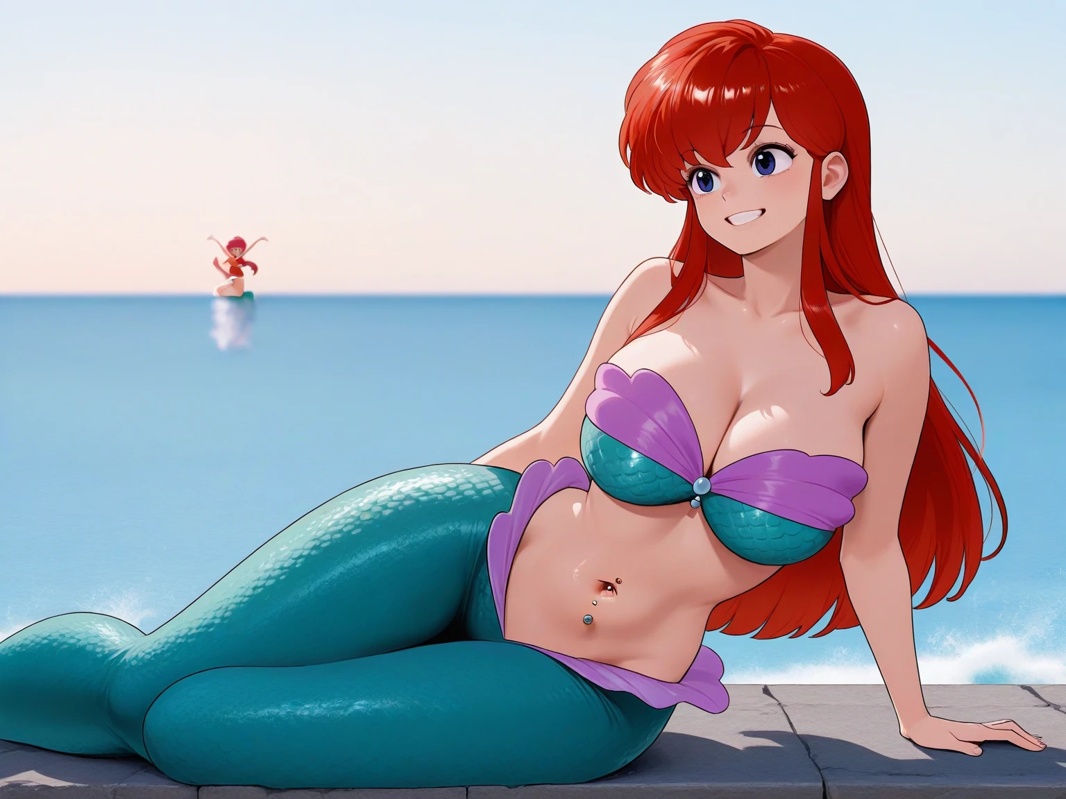Ranmachan, Cabello rojo, Cabello con trenza, pechos muy grandes, pechos rebotando, senos abultados, bulto de senos, posando en la playa, tomando el sol, BATHING IN THE SEA, jugando en la playa, flotador de playa, en el mar, Mermaid