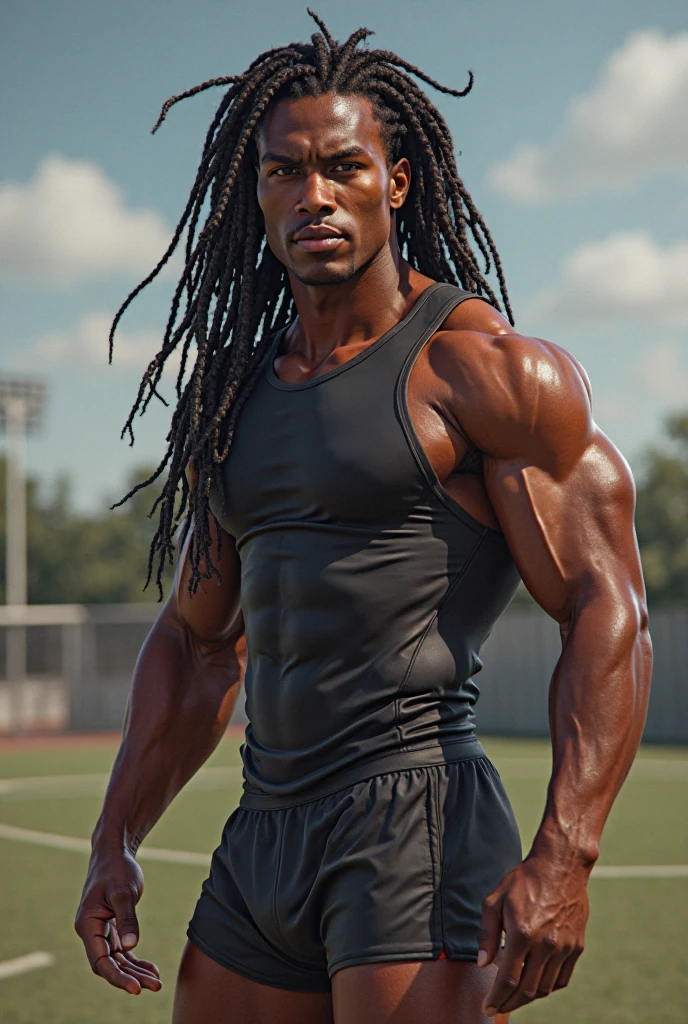 A muscular, athletic man with braces, a long hairstyle, tall, dark skin.