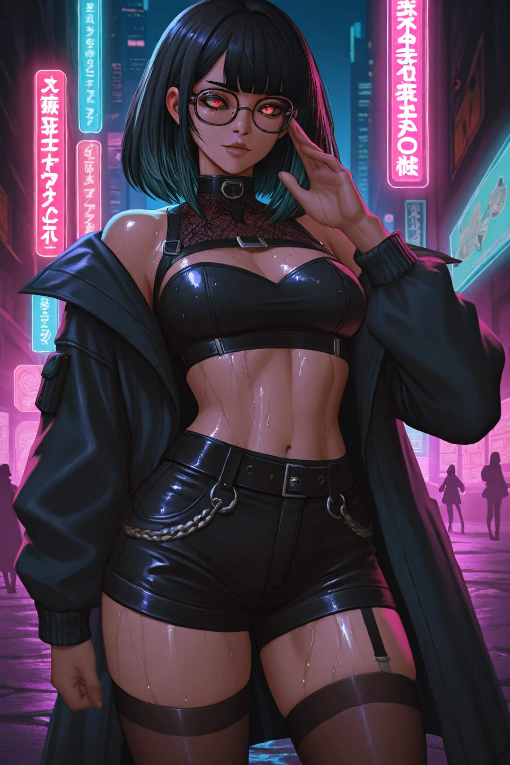 girl spacepunk,(((1girl))),((cute and beautiful afro haired girl)),((((black race)))), (large breasts:1.4),saggy breasts,(((( neon purple afro hair:1.35,((afro hair:1.35)),afrohair,afro:1.35,dark hair, neon purple hair, Double hair bun:1.3)))),medium hair,((heterochromia:1.5, (yellow_eye and red_eye))),intricate eyes, beautiful detailed eyes, symmetrical eyes,((fat)),((((tan,dark skin,black skin:1.35,dark-skinned_female,dark skin:1.3,ebony skin, lustrous skin:1.5,bright skin: 1.5,shiny skin, very shiny skin,shiny body, illuminated skin, wet legs)))),(spider lower abdomen, narrow waist, wide hip, athletic body, inflated legs),(((detailed face))), cute,slutty, sensual, seductive look,seductive, erotic, enchanting,((nsfw)), revealing clothing, show skin,(((neon green fishnet dress))),((slave collar)),(((wet clothes, intricate outfit, intricate clothes))), (dynamic pose:1.0),solo focus, embarrassed,(centered,scale to fit dimensions,Rule of thirds), cyberpunk city by the ocean at night, with bright neon signs and dark stormy clouds and puddles, scenery:1.25, artistic photography,(photography taken by sldr),highres, sharp focus, (ultra detailed, extremely detailed), (photorealistic artwork:1.37),(extremely detailed CG unity 8k wallpaper),((synthwave background theme)),(((vibrant colors))),(intricate background),(masterpiece),(best quality),