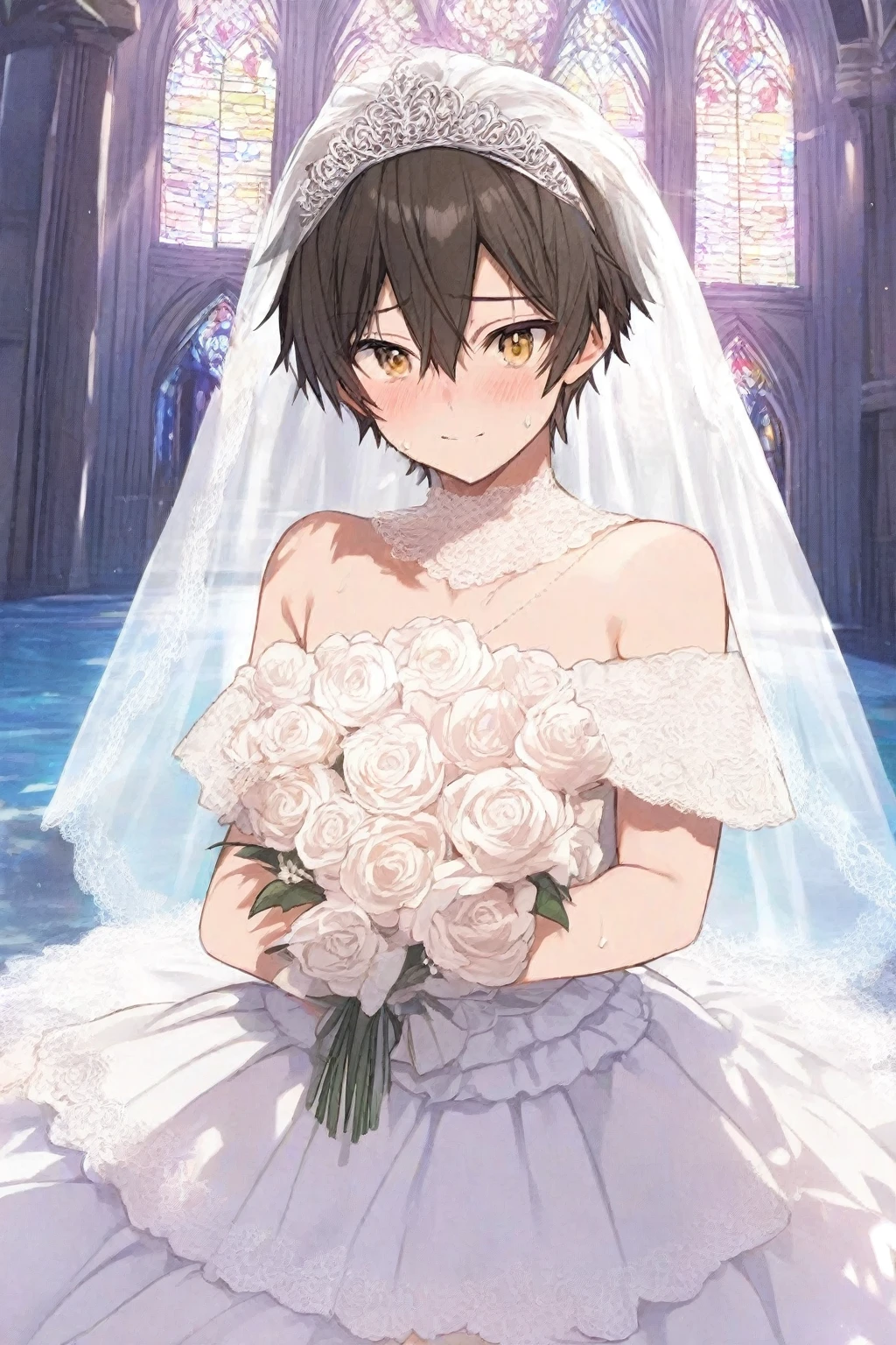 score_9, score_8_up, score_7_up, source_anime, BREAK by ikuchan kaoru, iku, clean color, flat color, 1boy, ((shota)), solo, indoors, wedding dress, toned, yaoi, gay, lookingat viewer, happy, biceps, femboy, medium hair, wearing wedding dress, bare shoulders, see through, see through nipples, smug, happy, blush, brown hair, hair covering eyes, holding bouquet, sexy, hair over eyes, messy hair, shaggy hair