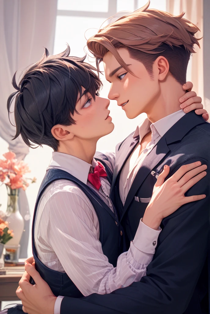 Masterpiece, top quality, two men, adult, in a suit, kiss on the neck, tall muscles, handsome and delicate eyes, intricate details, clear water, moonlit night, smile, aesthetic, romantic, dreamy, kissing, kiss
