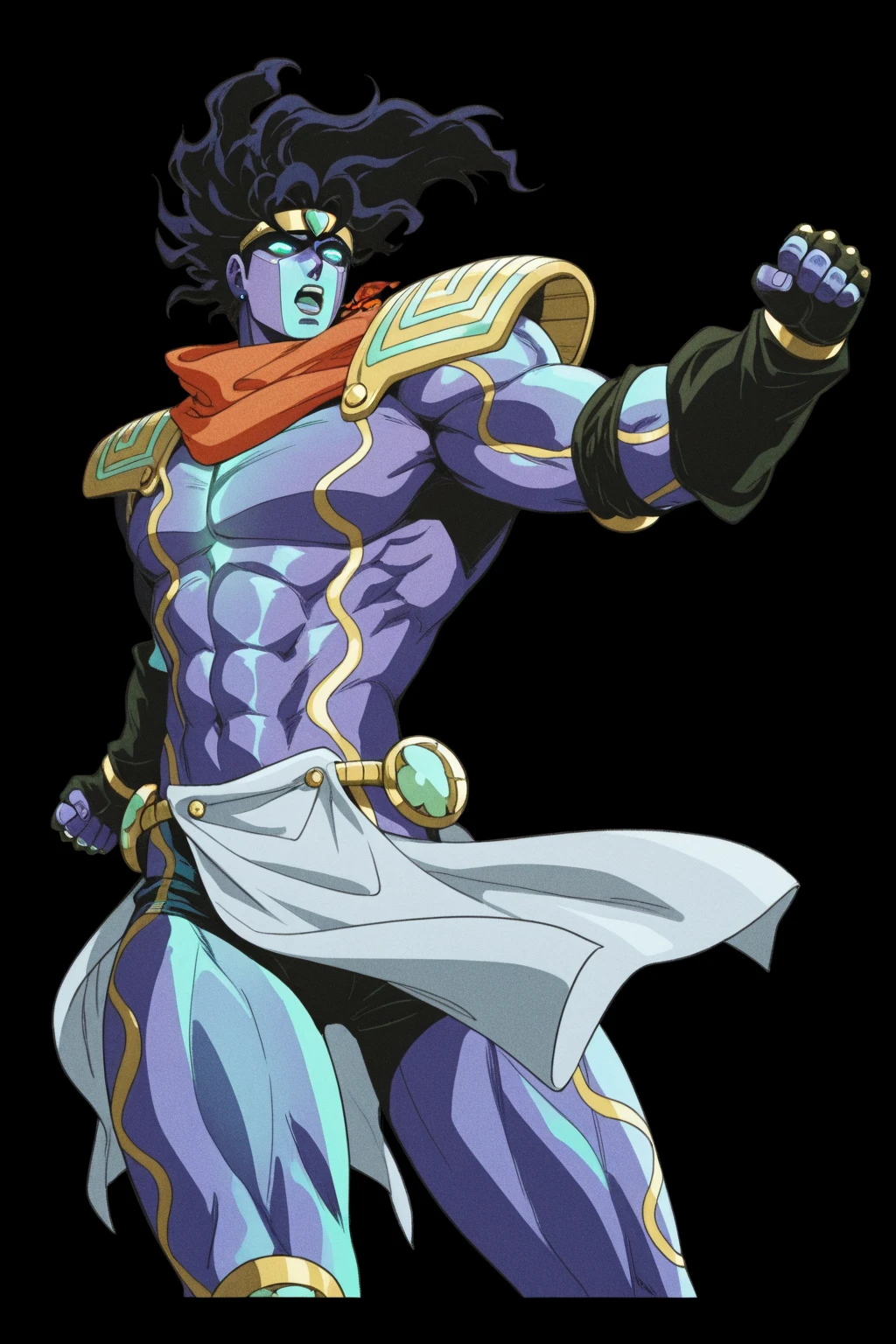 thighs, abs, gloves, (Masterpiece), (top quality), (best quality), (photorealistic:1.4),1boy, star platinum, male, muscular, loin cloth, black hair, dark hair, blue eyes, upper body, loincloth, beautiful detail, masterpiece, best quality, ultra-detailed detailed, detailed digital artwork, hi res,<lora:StarPlat:0.93> <lora:sakimichan-v1.6-lora-naivae-newcraft-block-4ep (1):0.24>,