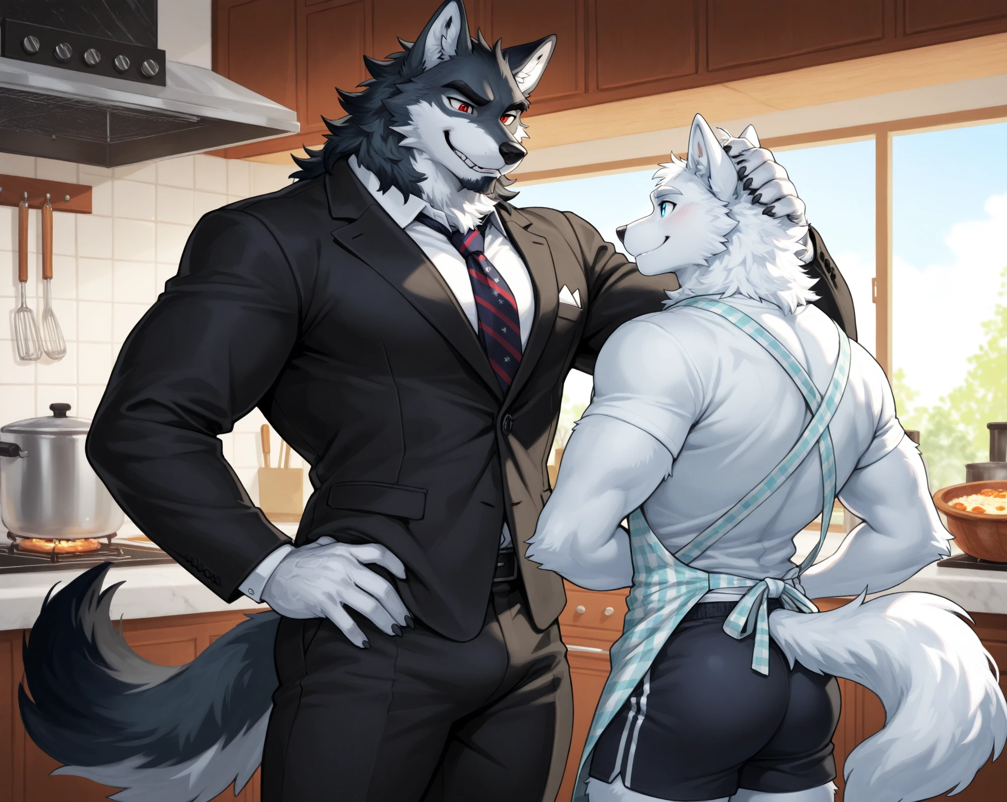 Draw a man dressed with wolf ears in his hair, a wolf tail and thin underwear and big nipples, but that they retain the shape of a man and that they are very muscular and have hair everywhere and that they are kissing a man dressed in a suit who is also muscular.