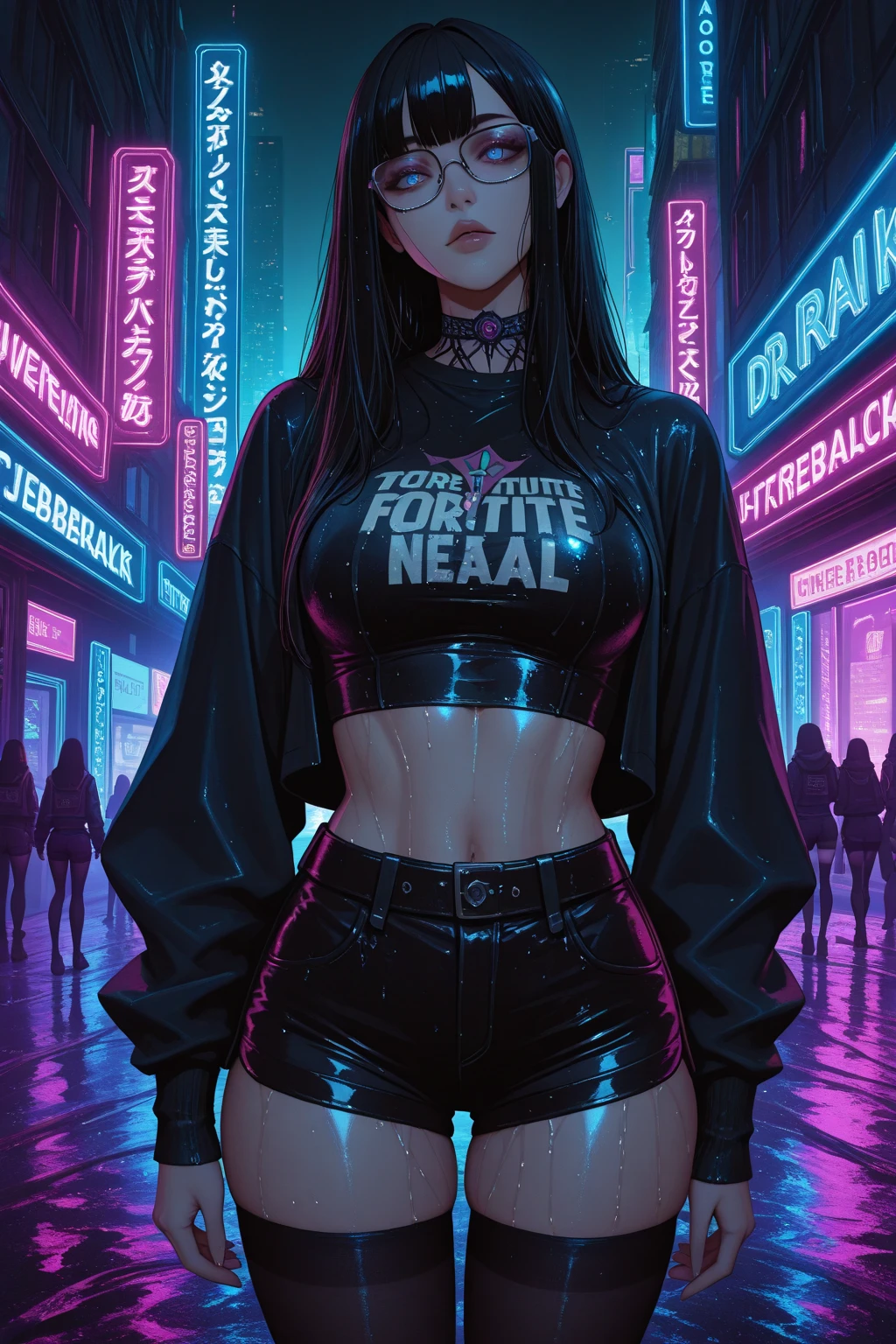 (african, dark skin,black woman,beautiful detailed eyes,black hair,longeyelashes,fluorescent pink shirt,black jeans,blue leather jacket,big tits,big legs,thick legs,busty),ultra-detailed,(best quality,4k,8k,highres,masterpiece:1.2),vivid colors,portraits