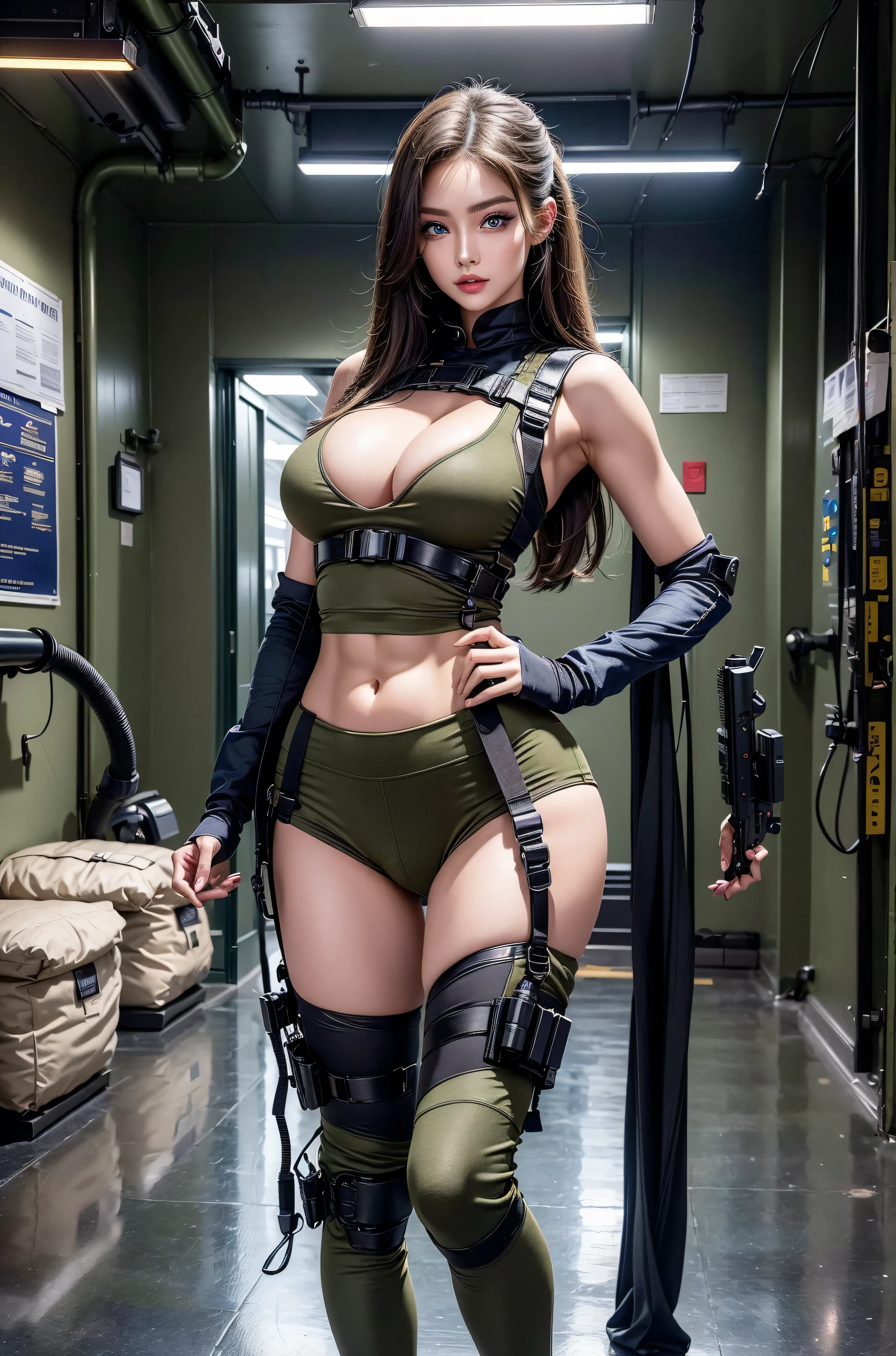 super fine illustration, ultra high resolution, masterpiece, highest quality, perfect lighting, detailed lighting, dramatic shadow, ray tracing, 1 Femail warrior, (((solo:1.5))), cute face, Big breasts, exposed cleavage, beautiful detailed hazel eyes, sharp face, clear eyes, long bang, ((medium curly hair:1.2)), blonde hair, ((post-apocalyptic fiction)), ((desert:1.2)), ((desert battle suit)), ((military harness)), world of the Mad Max, Resident Evil Series, full body, from below,